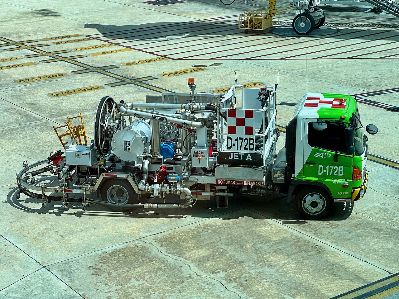 Fuel truck positioned beside an aircraft